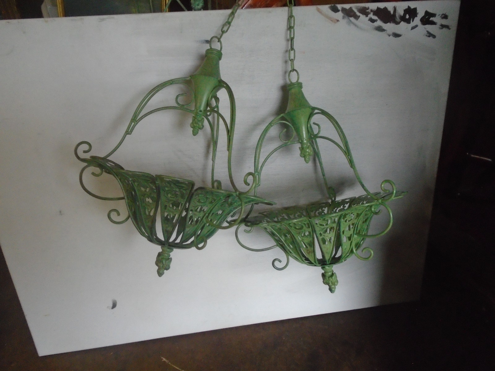 Gorgeous Pair of Enameled Heavy Metal Hanging Basket Planters
