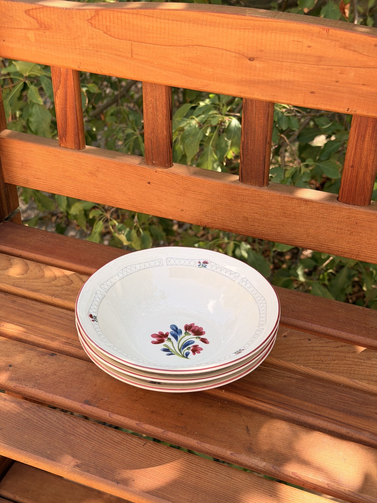 Set of 3 Vintage Tienshan Country Fleur Stoneware Bowls Floral Red Rim