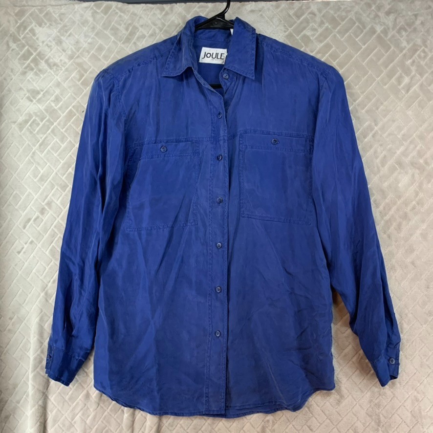 Joule Energy Shirt Womens Small Blue Silk Button Up Long Sleeve Baggy Collared Joule Energy Shirt Womens Small Blue Silk Button Up Long Sleeve Baggy Collared
