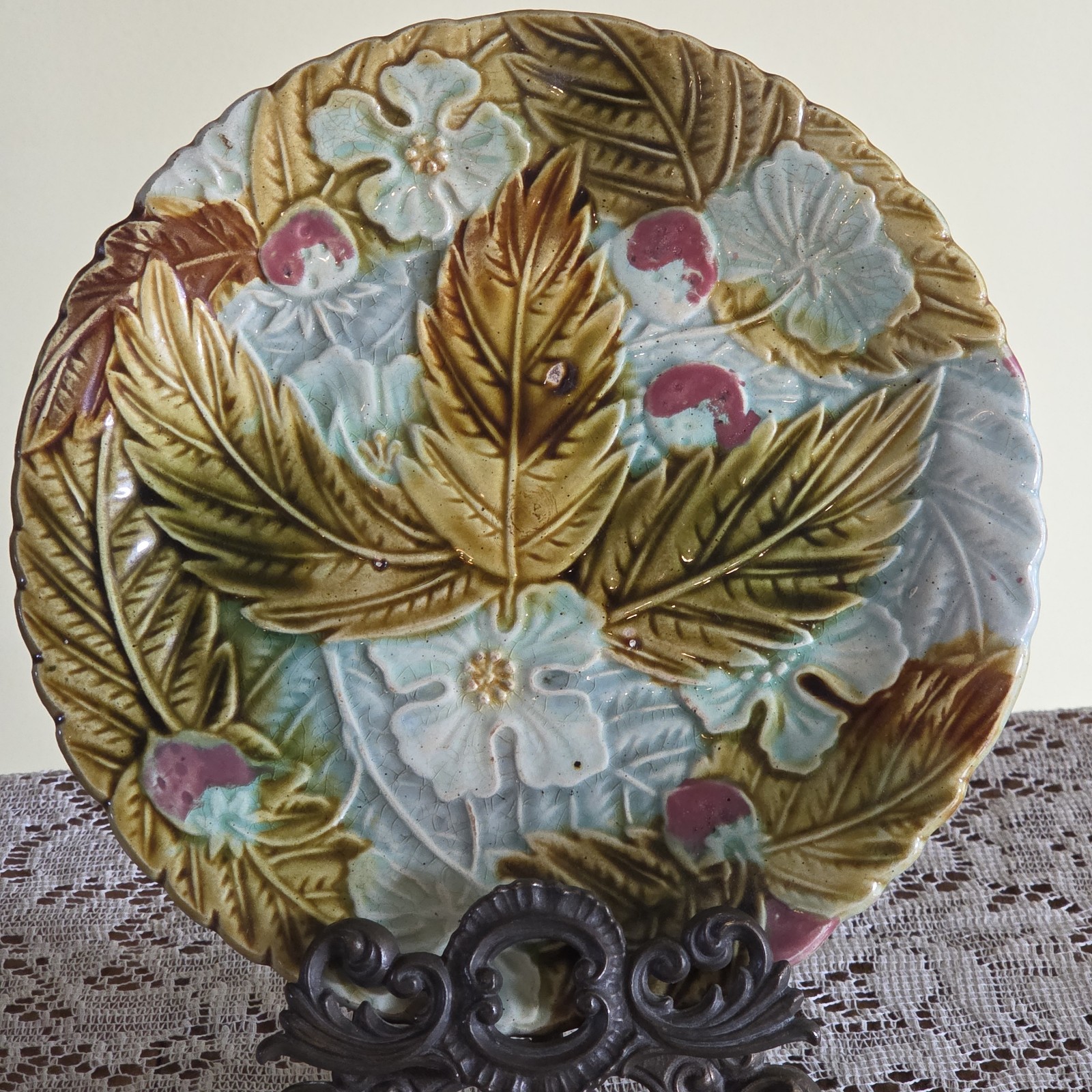 Antique H&C France Majolica Plate Leaves, Flowers, Berries 8.5 Antique H&C France Majolica Plate Leaves, Flowers, Berries 8.5