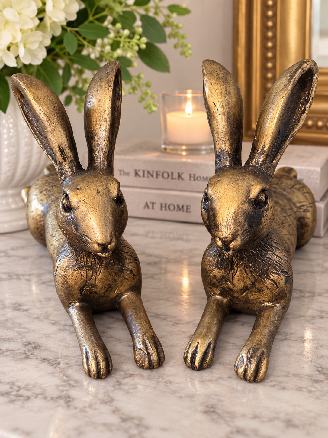 TWO Antique Gold Bunny Rabbit Bookends Vintage Style Bookends Figurines 9” TWO Antique Gold Bunny Rabbit Bookends Vintage Style Bookends Figurines 9”
