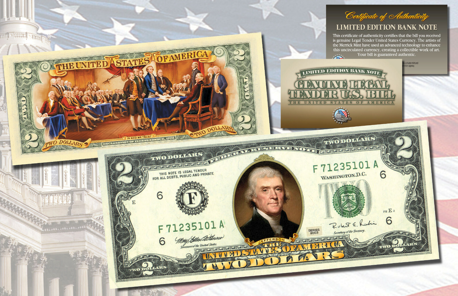 *MUST SEE* Genuine Legal Tender Bank Note COLORIZED 2-Sided $2 Two Dollar Bill