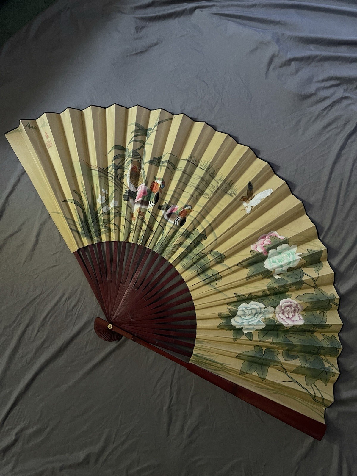 Vintage Hand Painted Wooden Fan Flowers & Ducks Theme