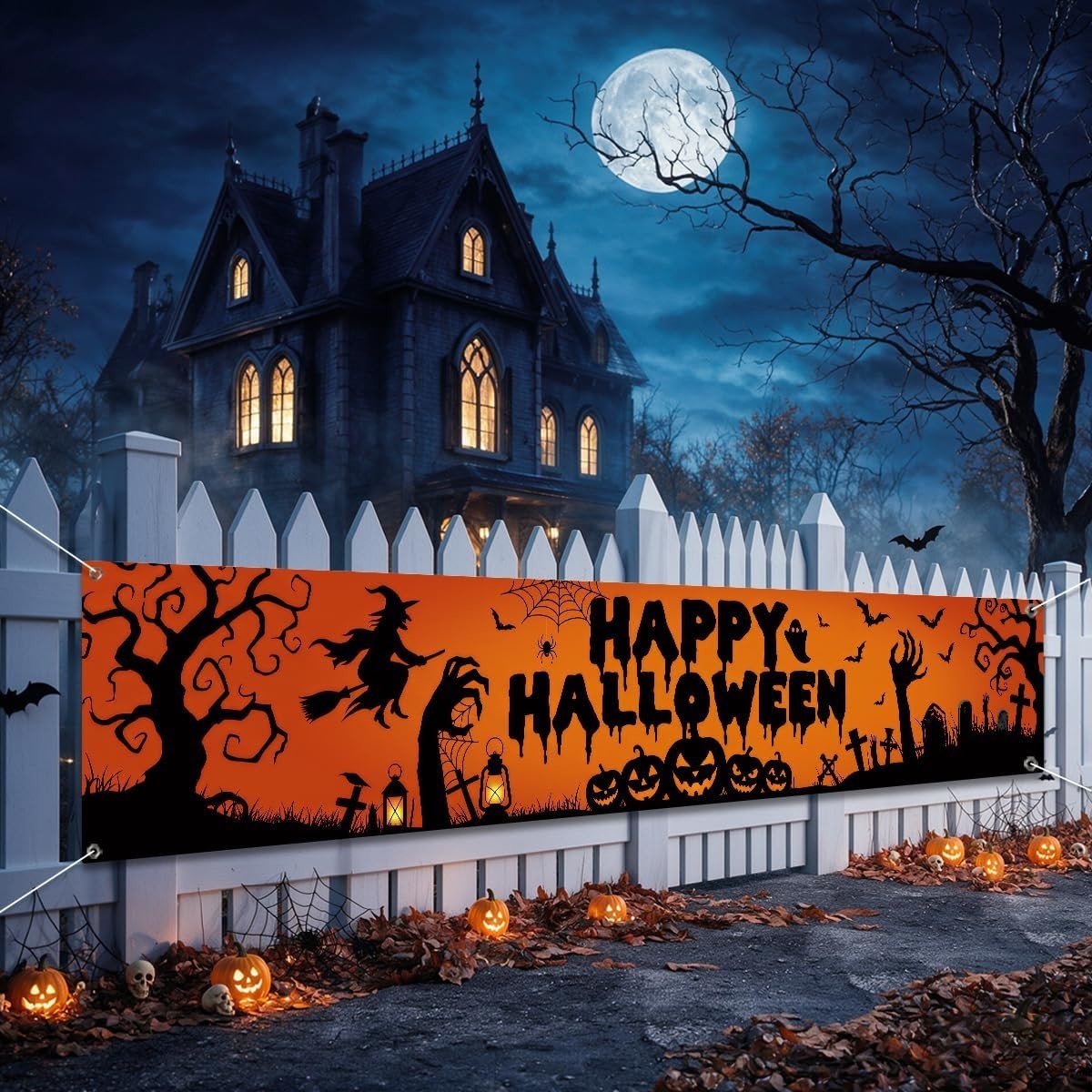 Happy Halloween Banner Outside Decorations Yard Party Porch Sign Hanging Decor