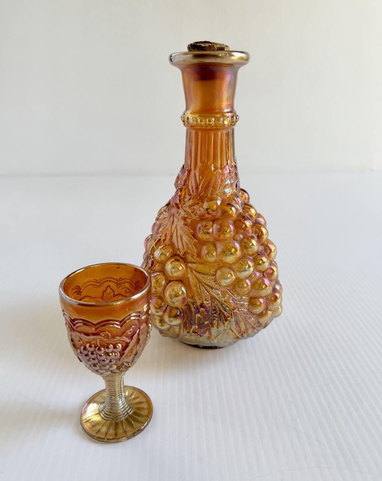 Vintage MCM Imperial Glass Carnival Marigold Grapes Decanter & 1 Mini Goblet Vintage MCM Imperial Glass Carnival Marigold Grapes Decanter & 1 Mini Goblet