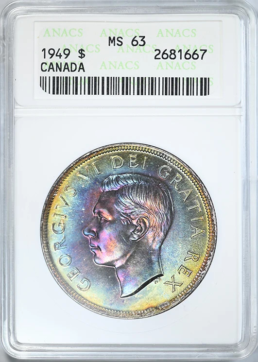 1949 Canada Silver Dollar $1 ANACS Soapbox MS63 - RAINBOW TONED