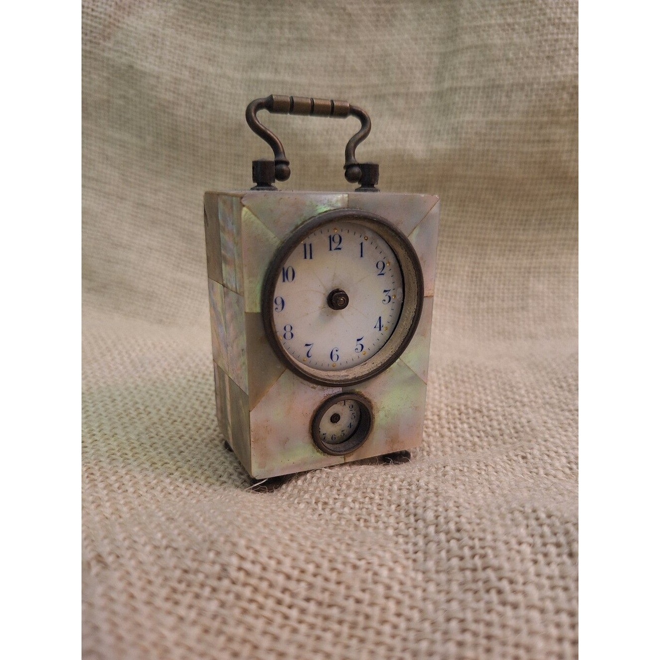 Vintage Mother of Pearl Brass Miniature Carriage Clock Germany 19th Century