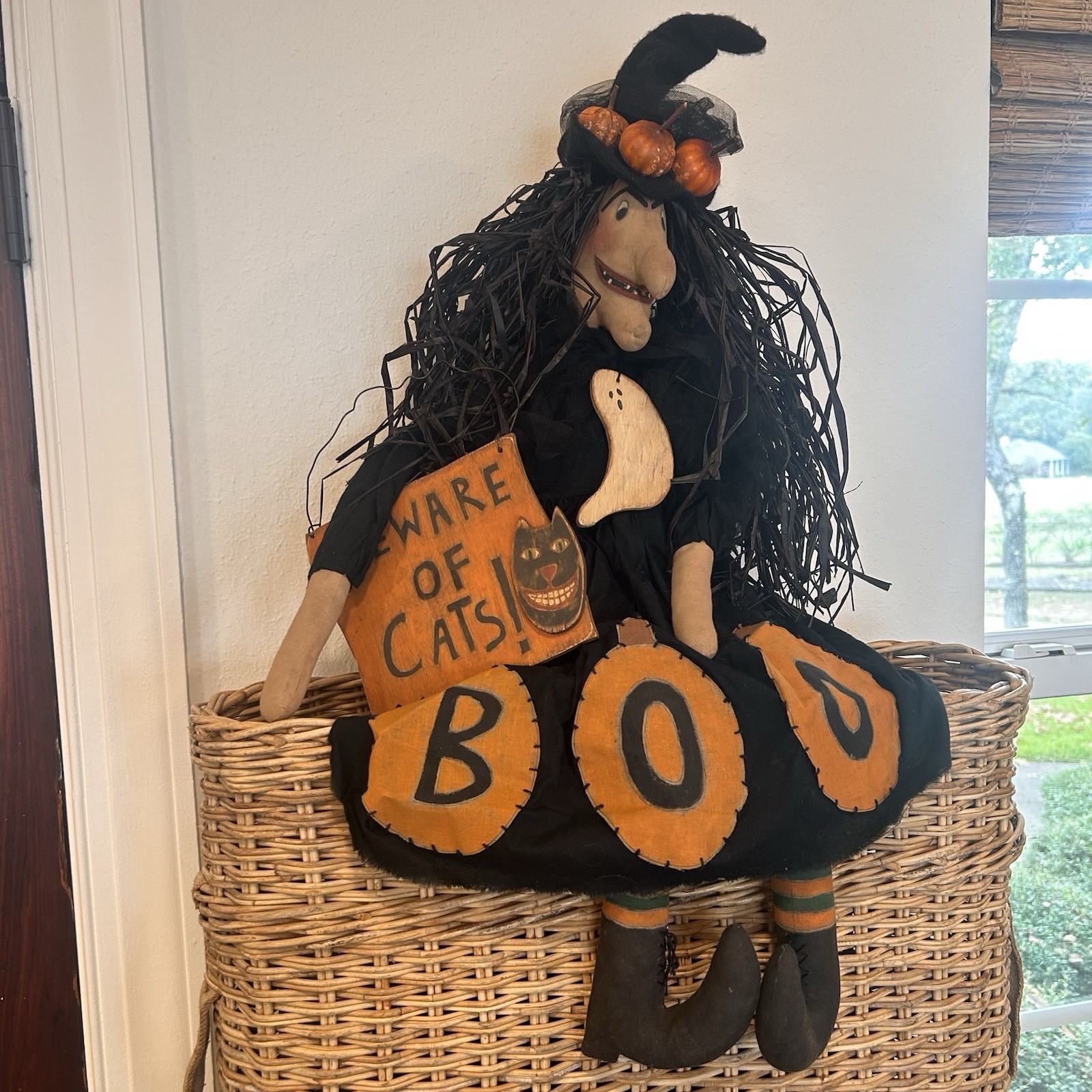 Vintage 1998 Primitive Witch Doll What A Witch Halloween Folk Art Black Cat Sign