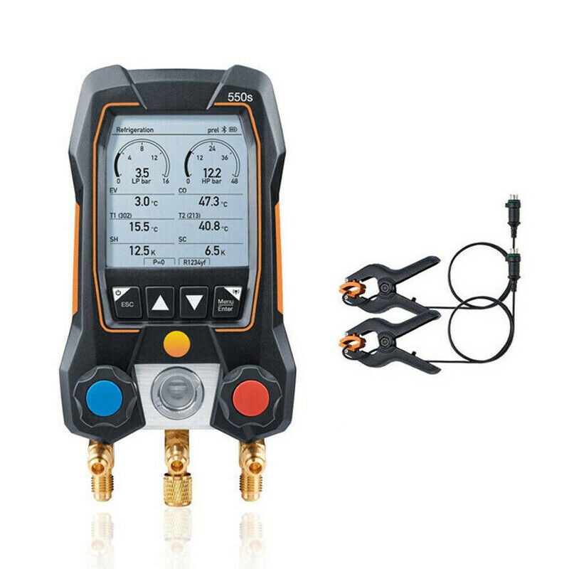Testo 550s Digital Manifold Kit Refrigeration Meter 0564 5501 w/2x Clamp Probes