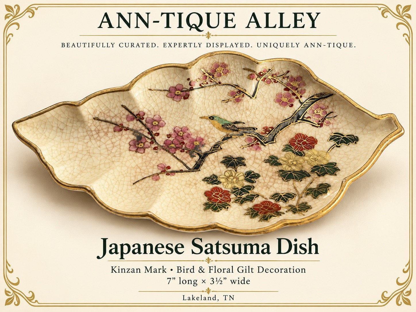 Antique 7” Japanese Satsuma Dish Kinzan Mark Bird Floral Gilt Lobed Tray