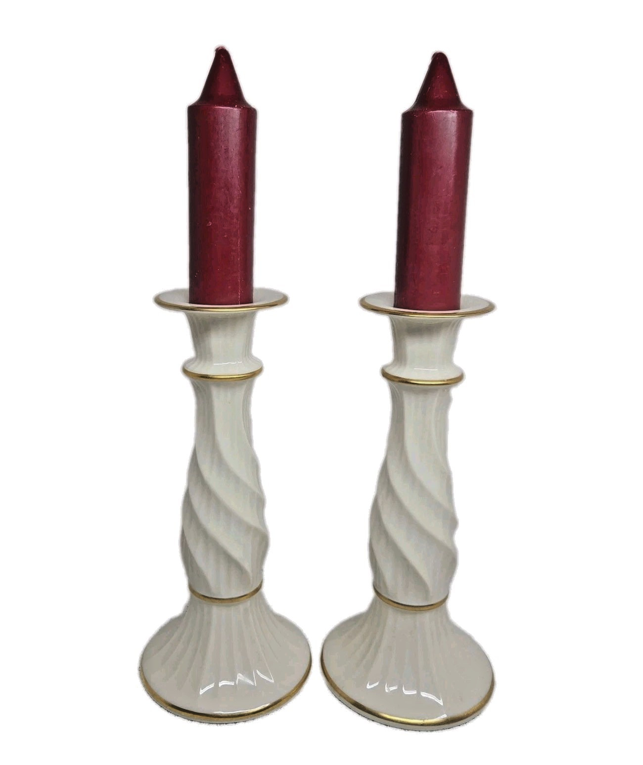 Vintage Pair Lenox Richmond Candlestick Holders Ivory Swirl 22K Gold Trim 8