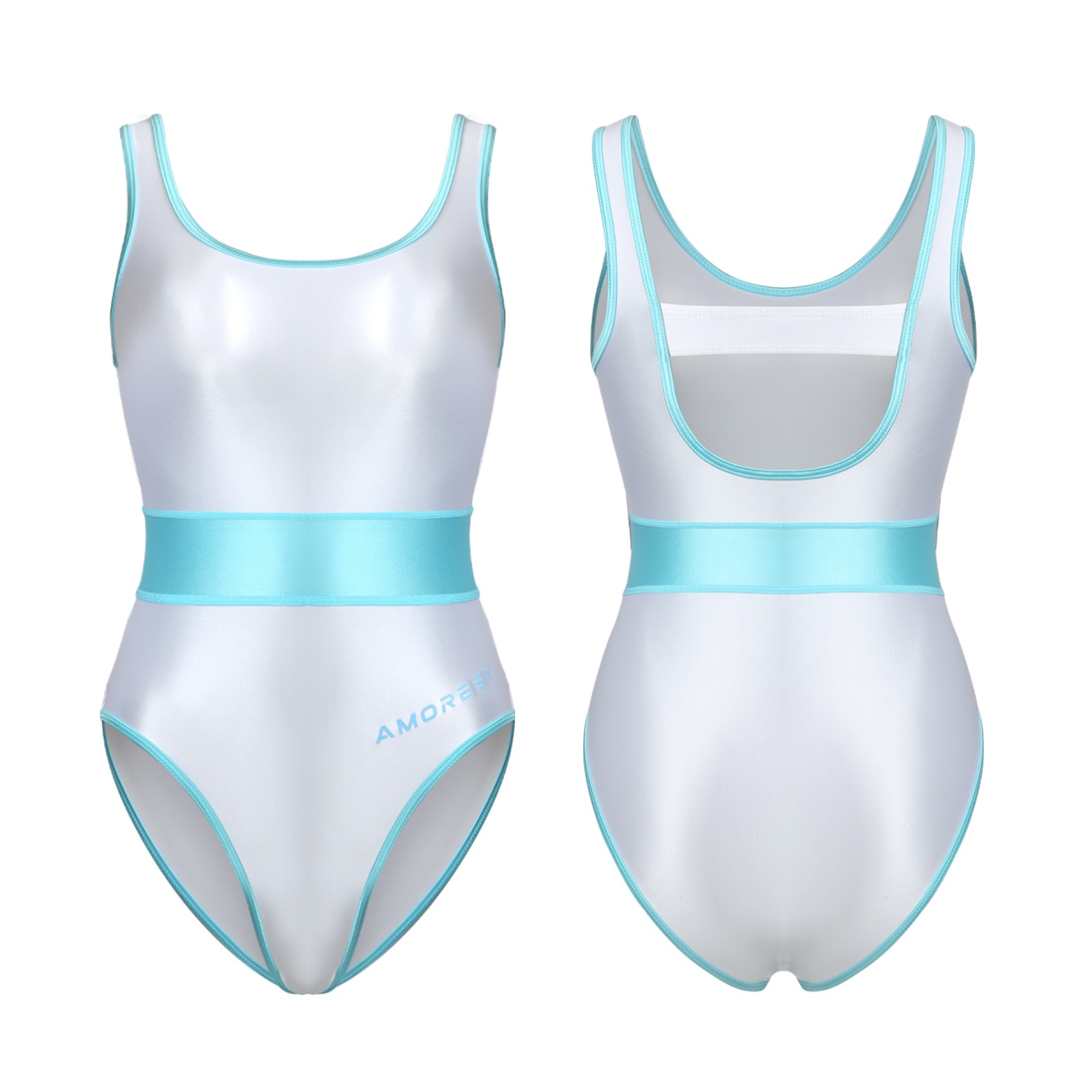 AMORESY Women Glossy Satin Patchwork Competitive Swimwear Quick-dry Bathing Suit
