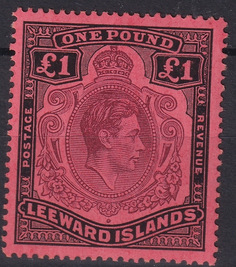 Leeward Islands Stamps 1945 £1 Brown purple & blk/slmn June 44 SG114b MNH CV £45 Leeward Islands Stamps 1945 £1 Brown purple & blk/slmn June 44 SG114b MNH CV £45