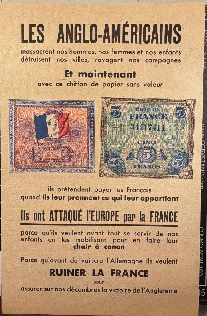 France 1944 WWII Propaganda Leaflet Allied 5 Francs Vichy 5 Francs Allied Note