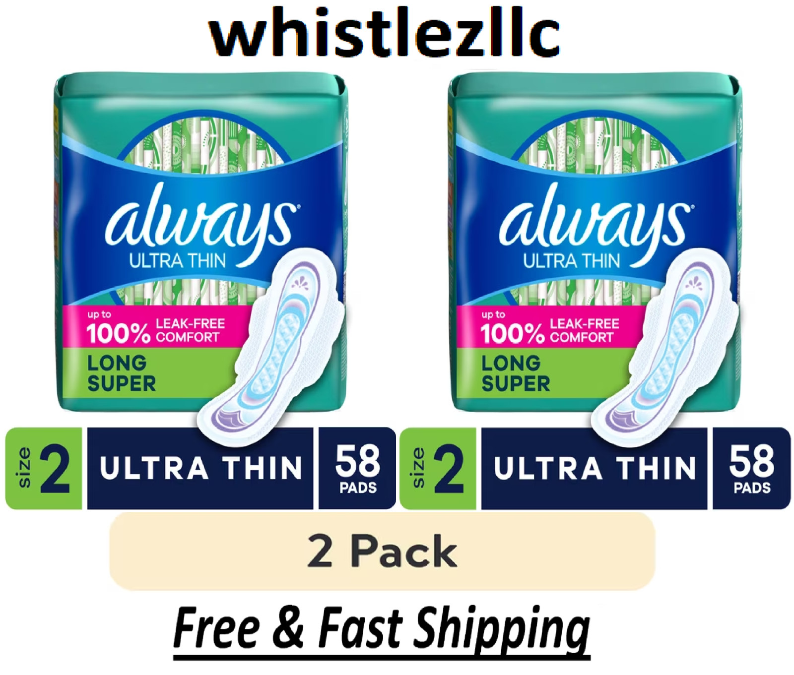 Always Ultra Thin Pads with Wings, Size 2, Long Super Absorbency, 58 Each-2 Pack