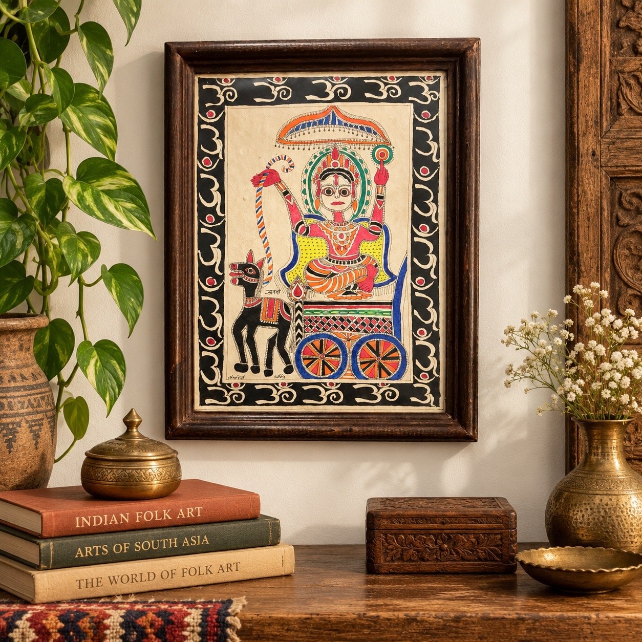 Vintage Indian Madhubani Mithila Folk Art Painting Horse Chariot Framed 16.5\