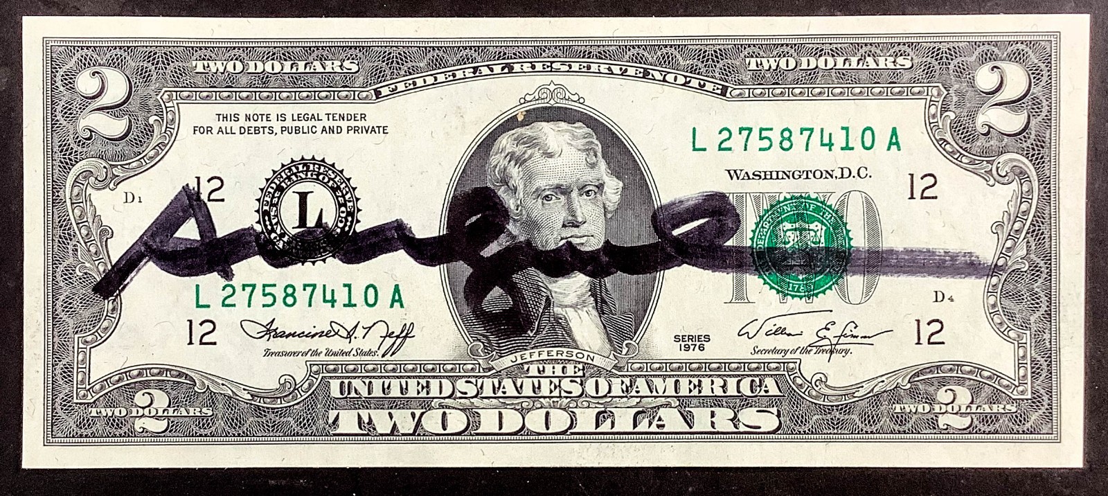 Authentic 1976 $2 Bicentennial Dollar Bill  - Andy Warhol Hand Signed Signature