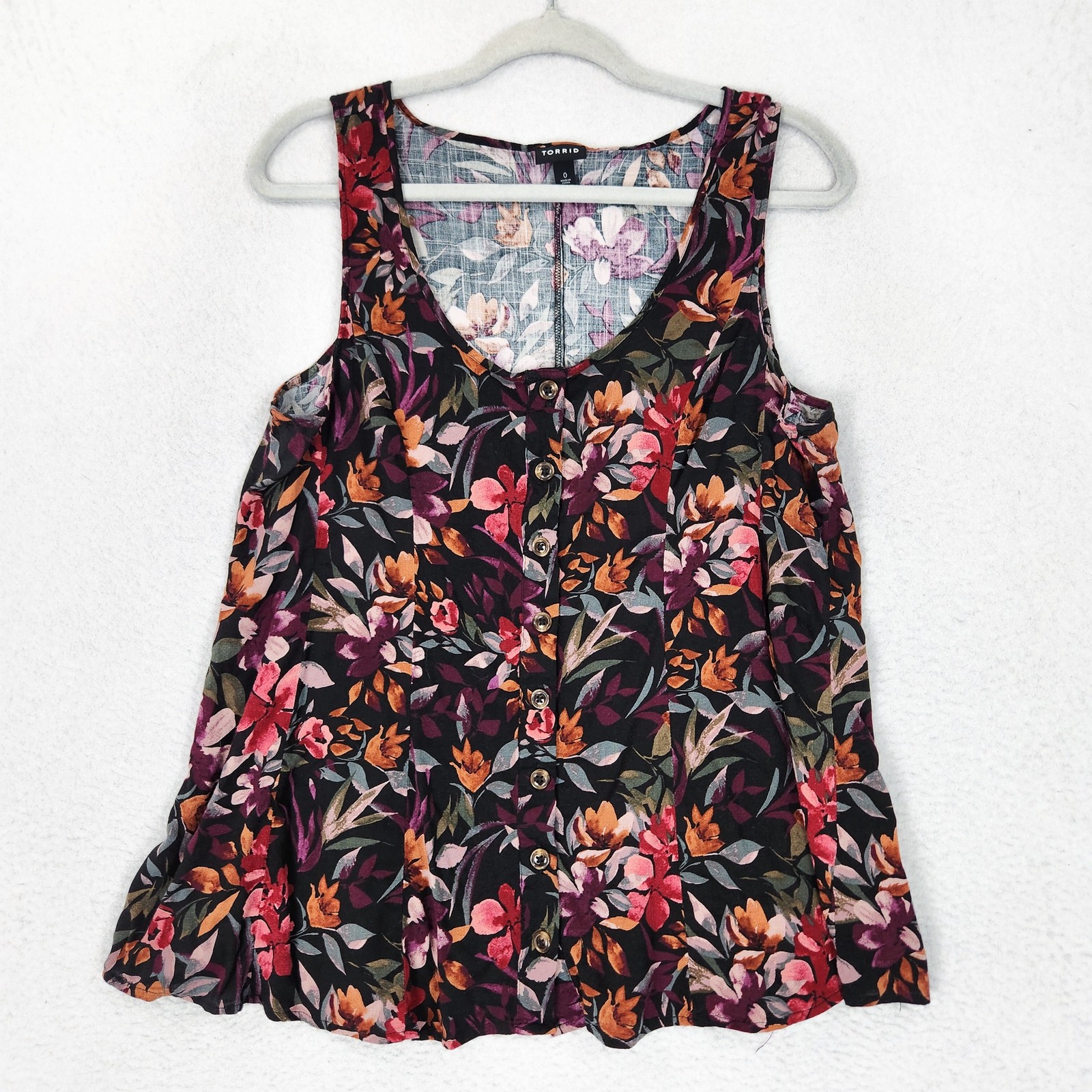 Torrid Shirt Womens 0 XL Black Floral Scoop Neck Tank Top Button Front Peplum