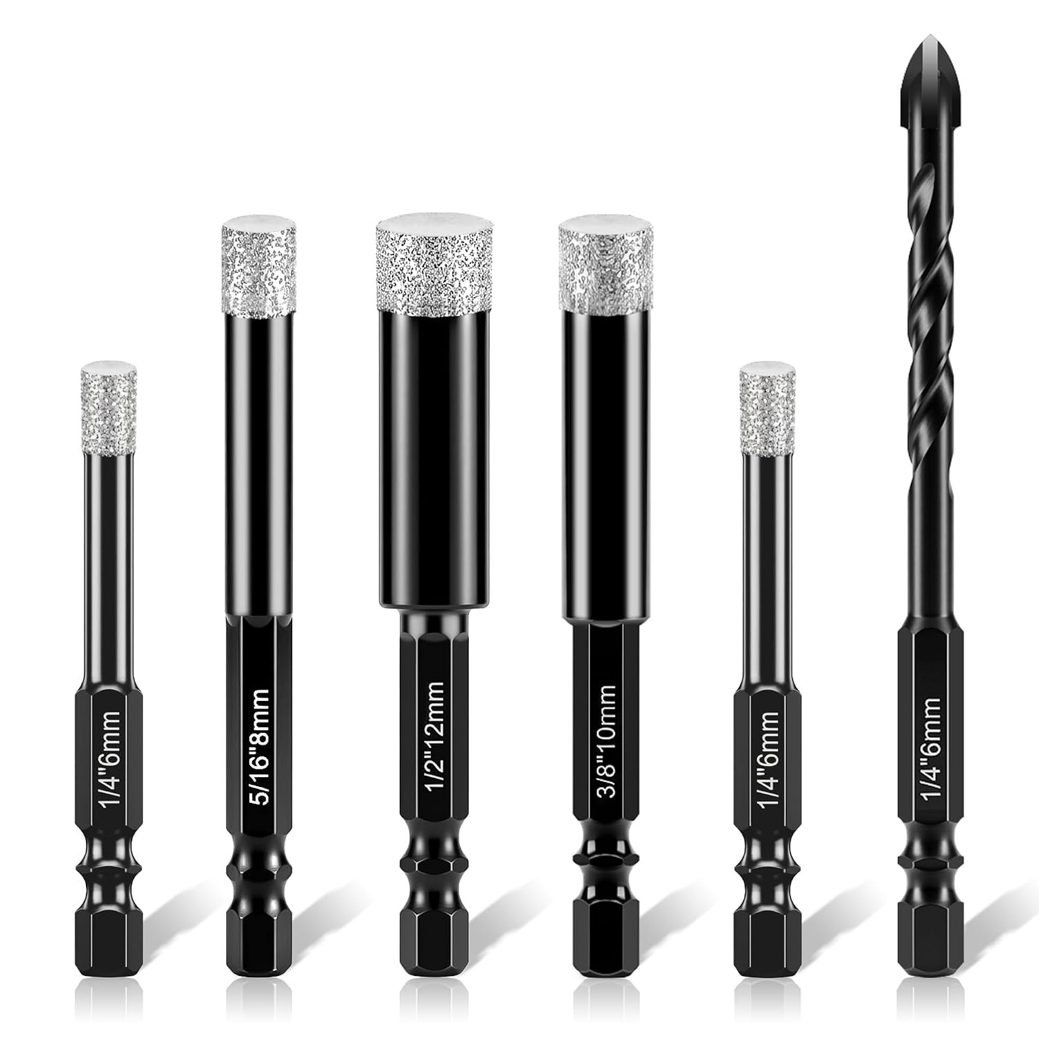 6PCS Diamond Drill Bit Set 1/4 5/16 3/8 1/2\