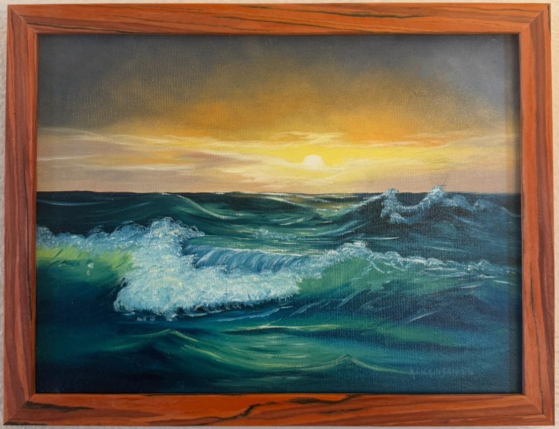 Vintage Original Signed Oil Painting Canvas Coastal Seascape Ocean Sunset Framed