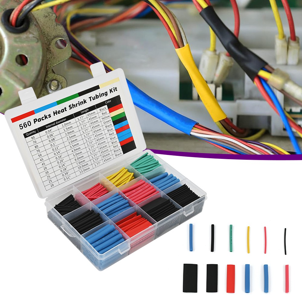 560pc 2:1 Heat Shrinking Tubing Tube Sleeving Wrap Cable Wire ,5 Colors 12 Sizes