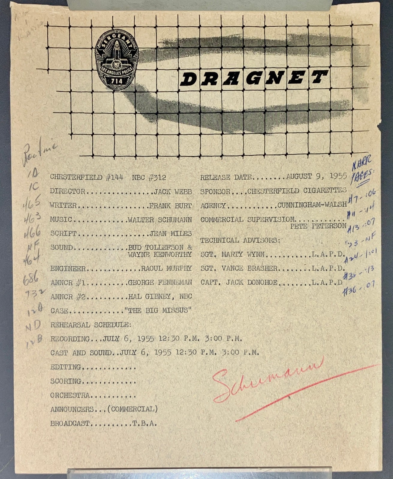 DRAGNET 1955 Original Radio Script THE BIG MISSUS Jack Webb Production Cue Notes