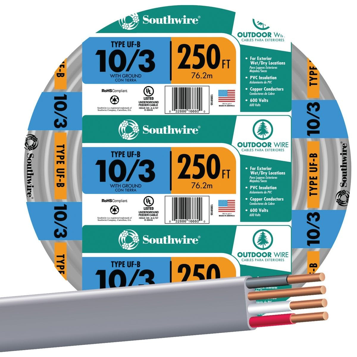 Southwire 250 Ft 10/3 Solid UF-B Wire W/G ( By-The-Roll )