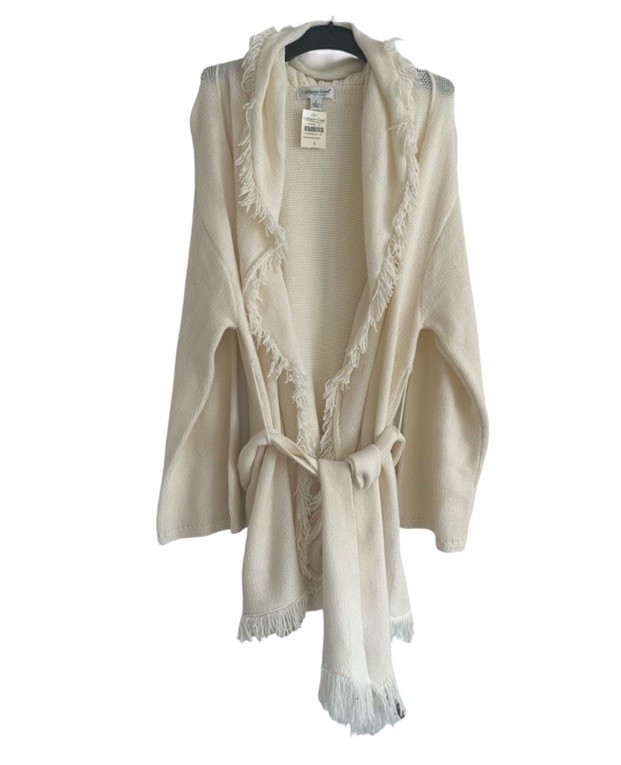 NWT Coldwater Creek Soft Cream Knit Open Front Belted Sweater With Fringe Size S