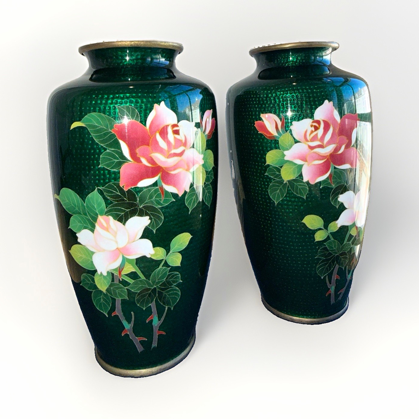 Pair of Vintage Japanese Ginbari Cloisonné Rose Vases