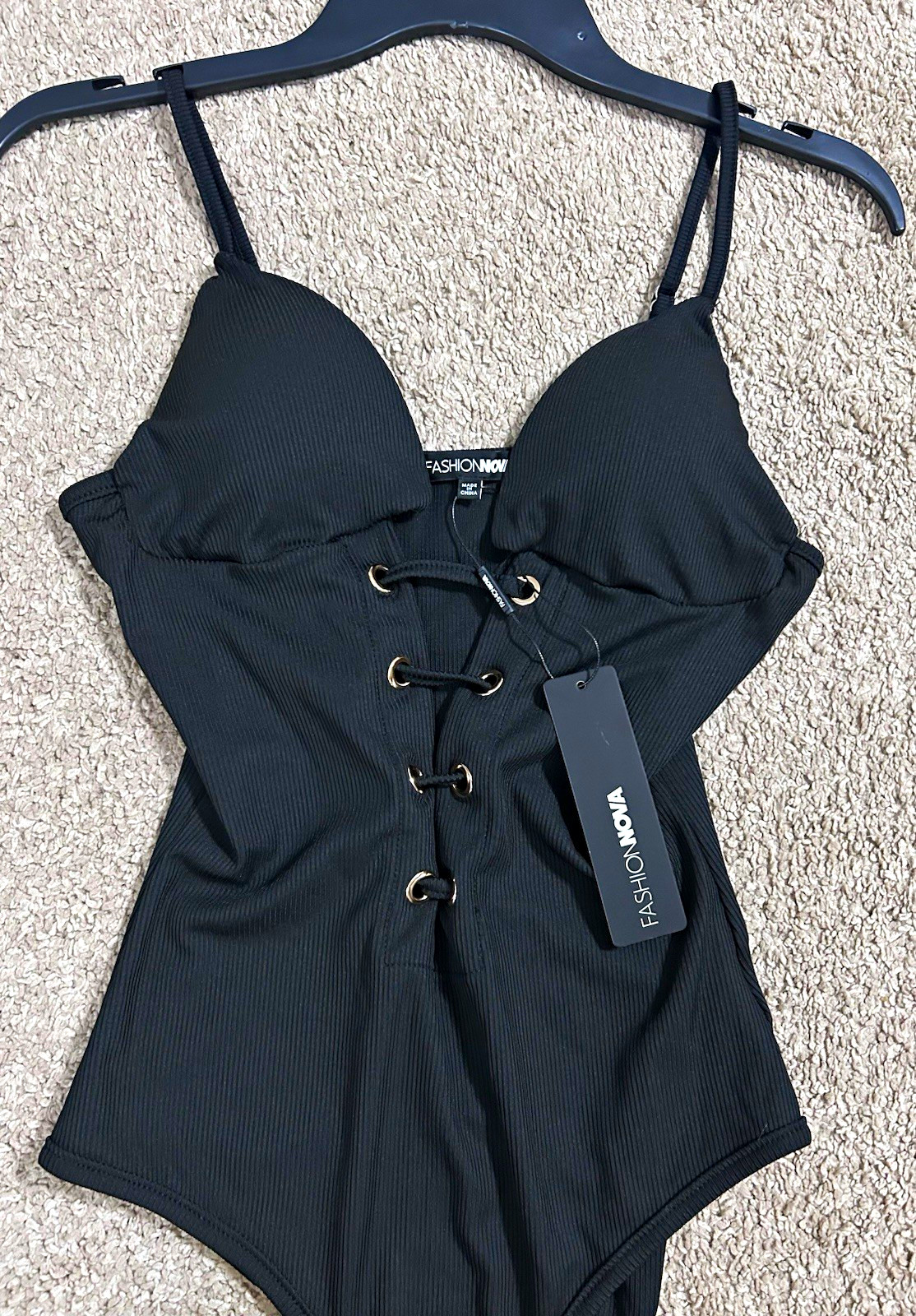 Brand New Women\'s Black Ribbed Lace-Up One-Piece Swimsuit Size Medium Brand New Women\'s Black Ribbed Lace-Up One-Piece Swimsuit Size Medium