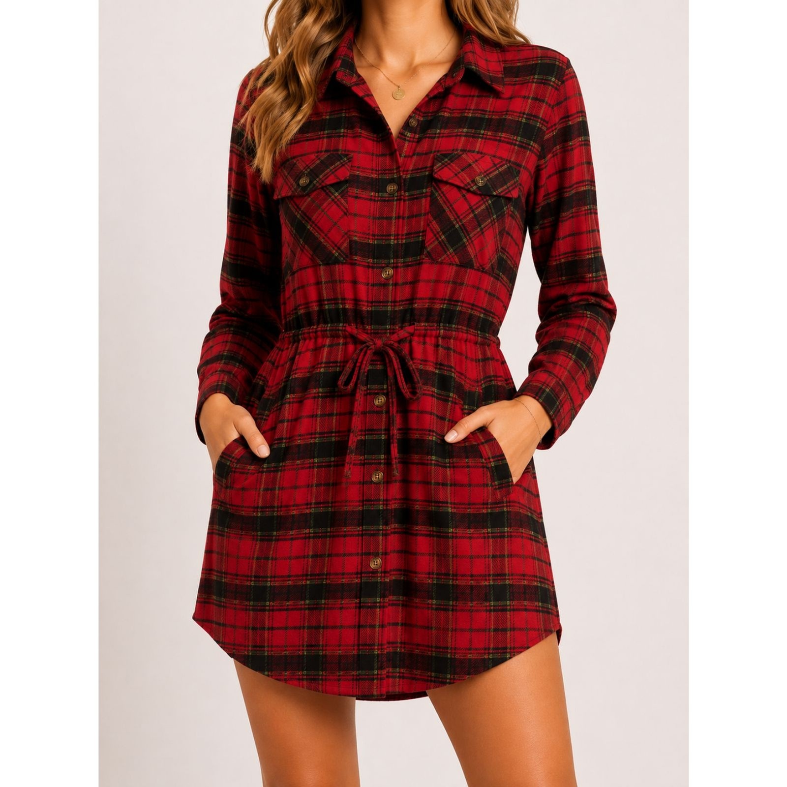 NWT CiSono Plaid Shirt Dress M Red Tartan Flannel Utility Grunge Cabincore