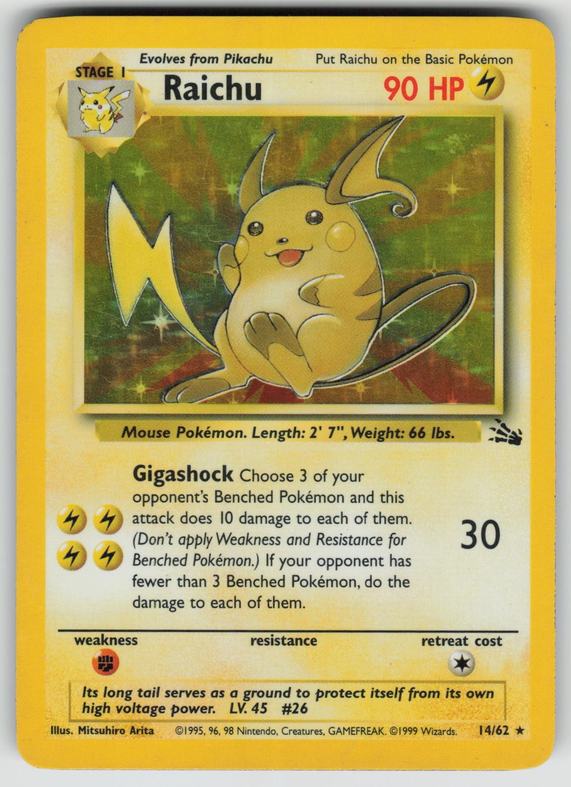 RAICHU 14/62 HOLO RARE FOSSIL POKEMON UNLIMITED HOLO MODERATELY PLAYED RAICHU 14/62 HOLO RARE FOSSIL POKEMON UNLIMITED HOLO MODERATELY PLAYED