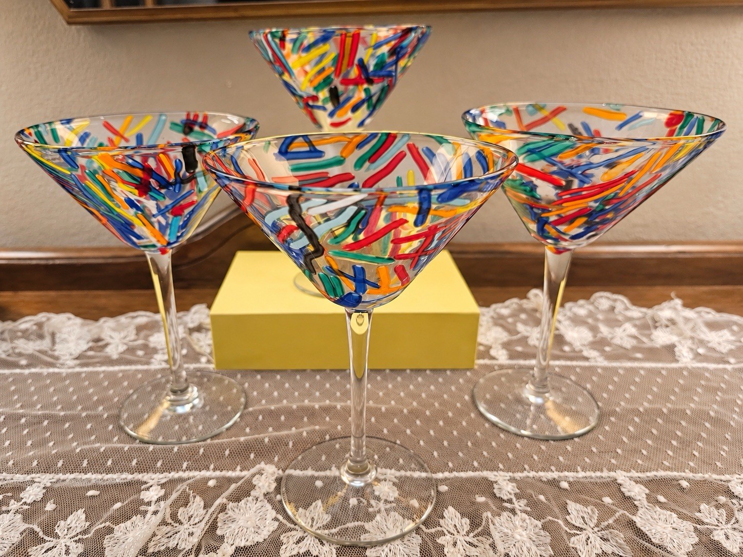 Pier 1 Confetti Martini Glasses Set of 4 Multicolor Blown Glass Discontinued