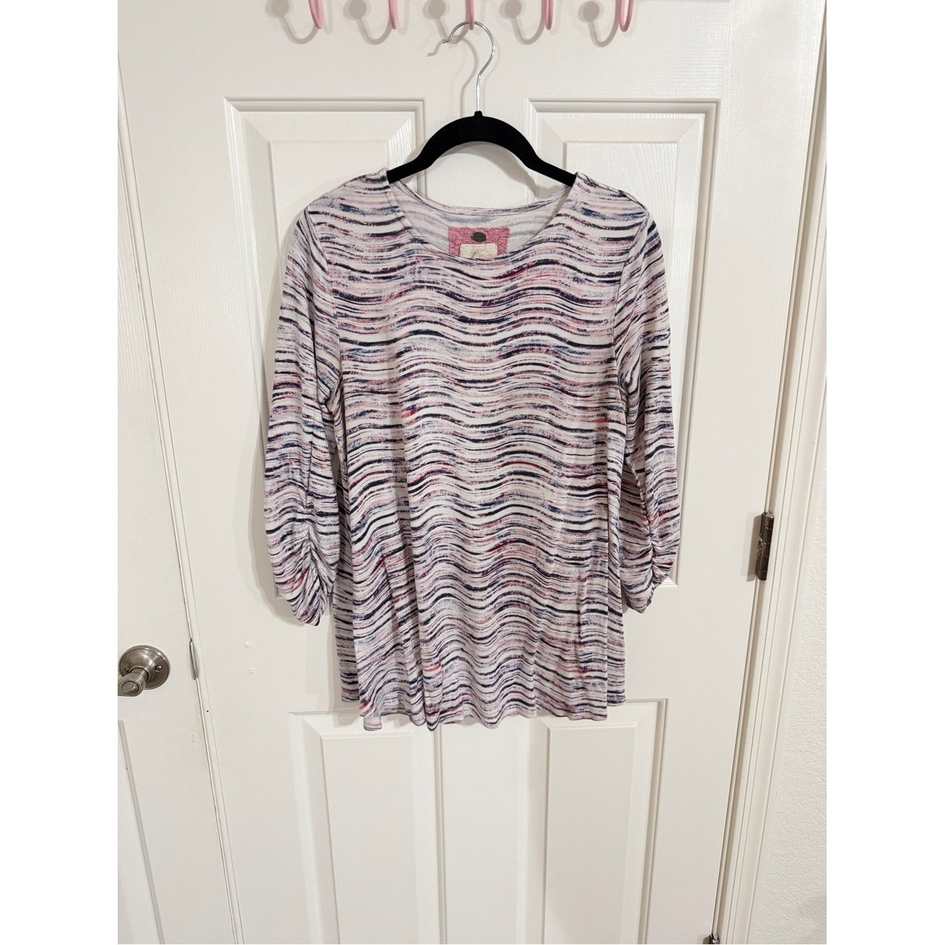 Cupio M Navy Pink White Abstract Wave Stripe Long Sleeve Top Retro Coastal