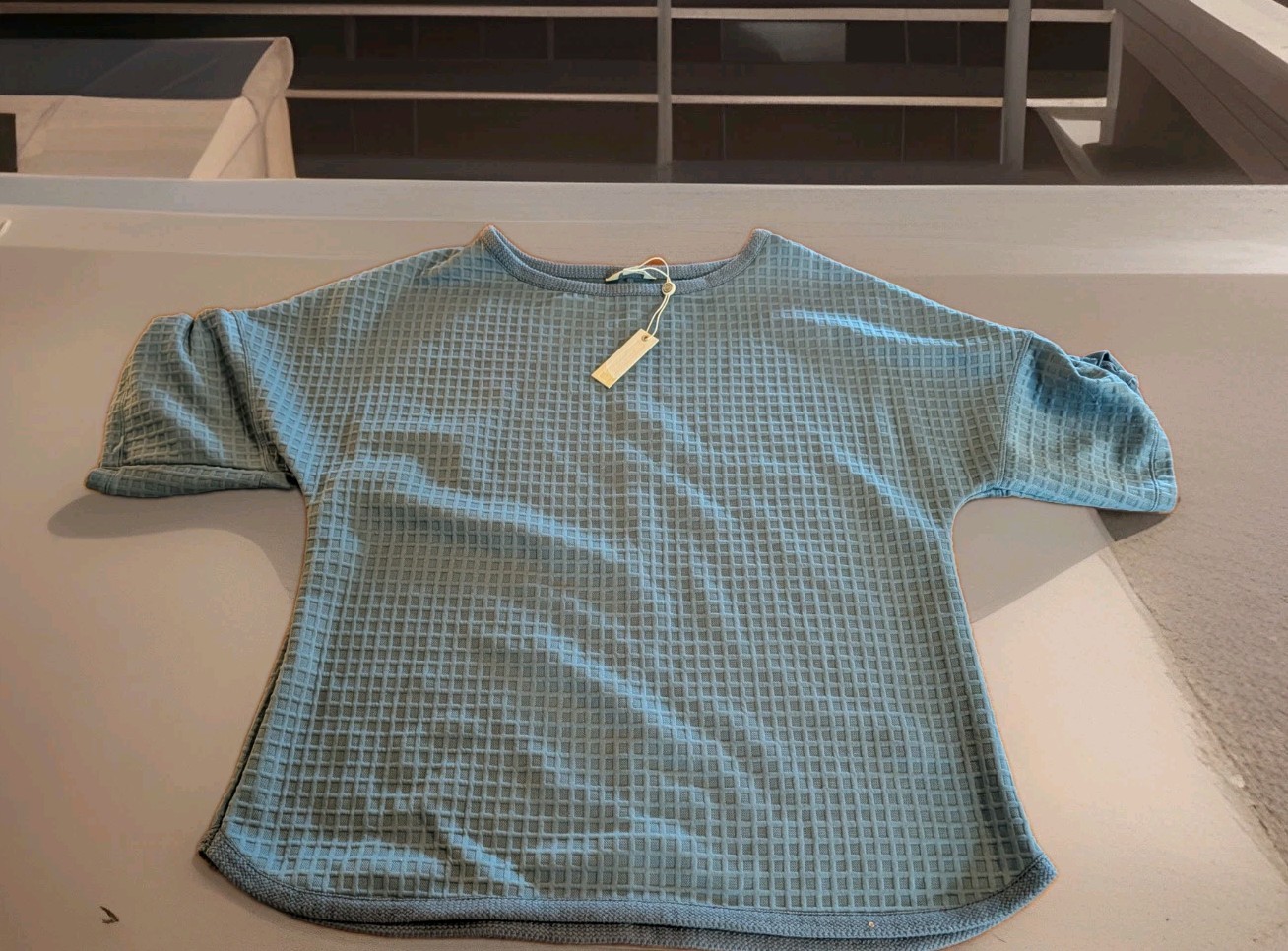 Max Studio London Waffle Knit Top Ruched Sleeves Flint Blue Women Large 3705S38