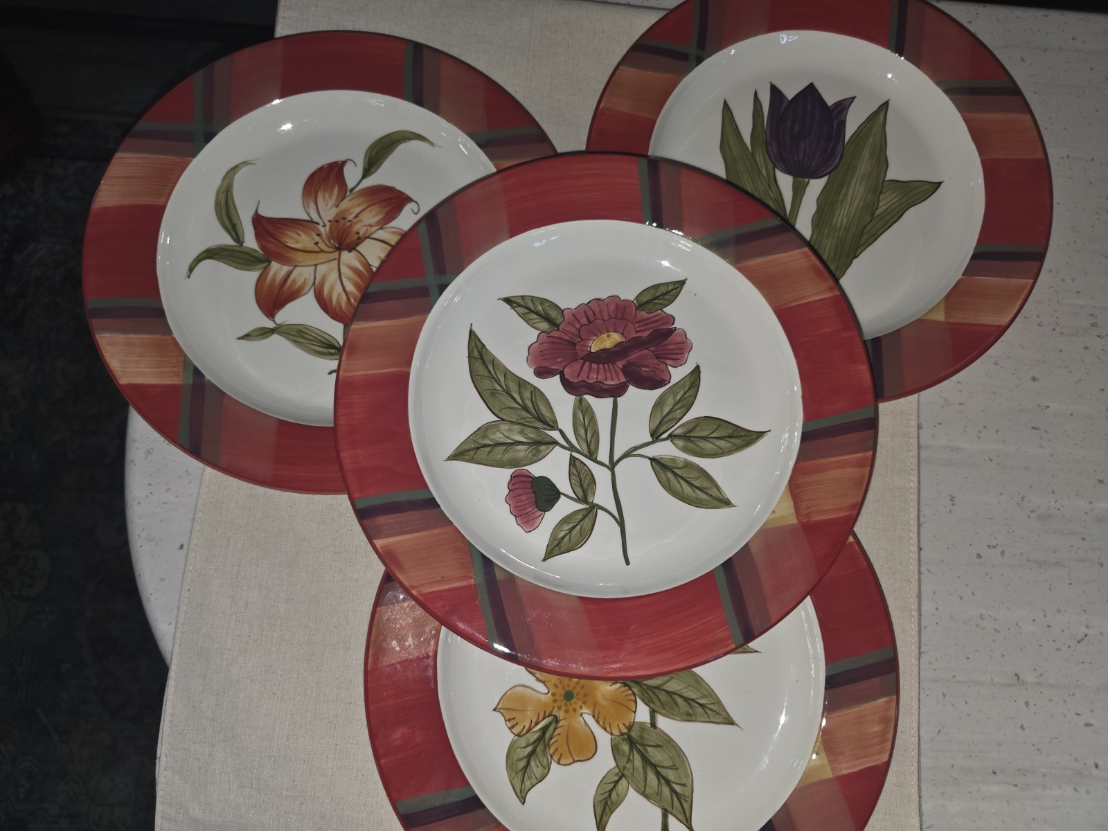 Certified International Floral & Plaid Dinner Plates Set of 4 11.25\ Certified International Floral & Plaid Dinner Plates Set of 4 11.25\