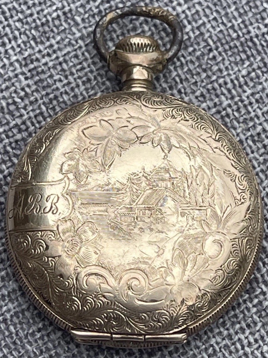 Antique Swiss Pocket Watch Hunter RGP Case Homestead & Deer Adolf Schwob Repair Antique Swiss Pocket Watch Hunter RGP Case Homestead & Deer Adolf Schwob Repair