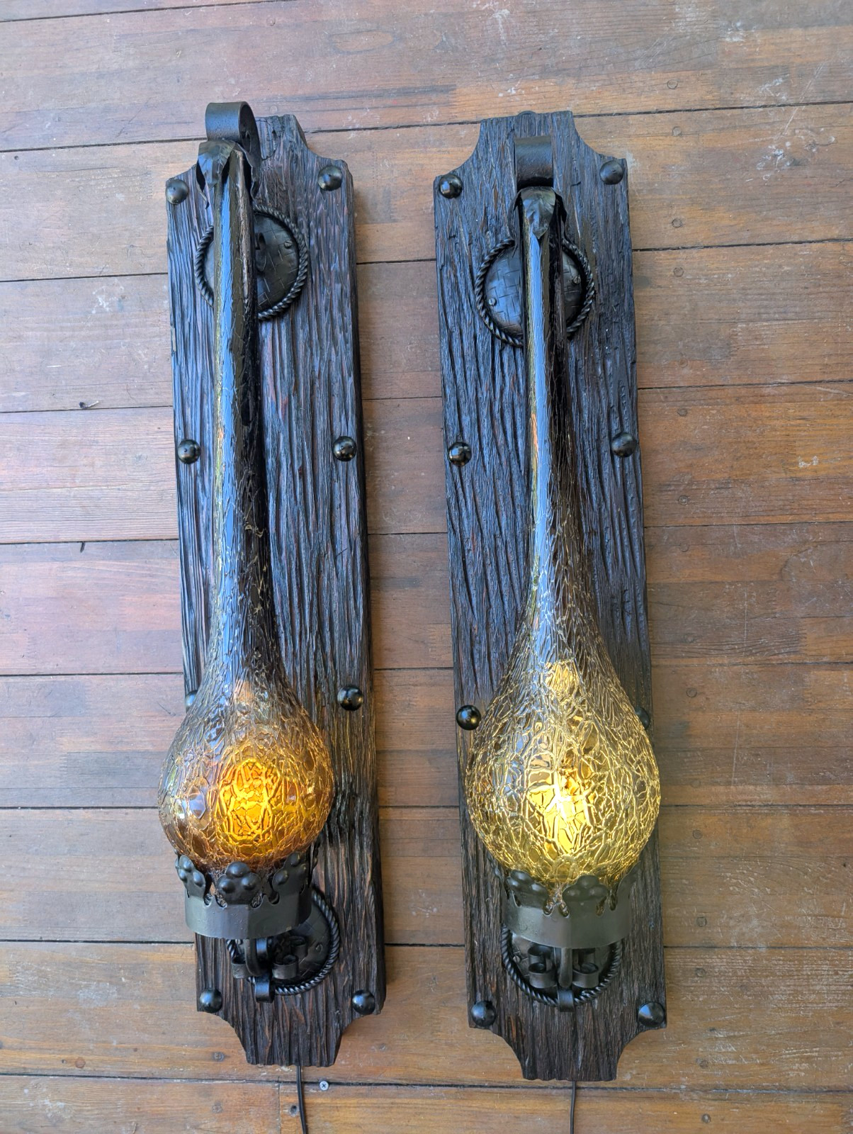 MCM Vintage Pair of Wrought Iron Amber Slag Glass Spanish Revival Sconce Lamps