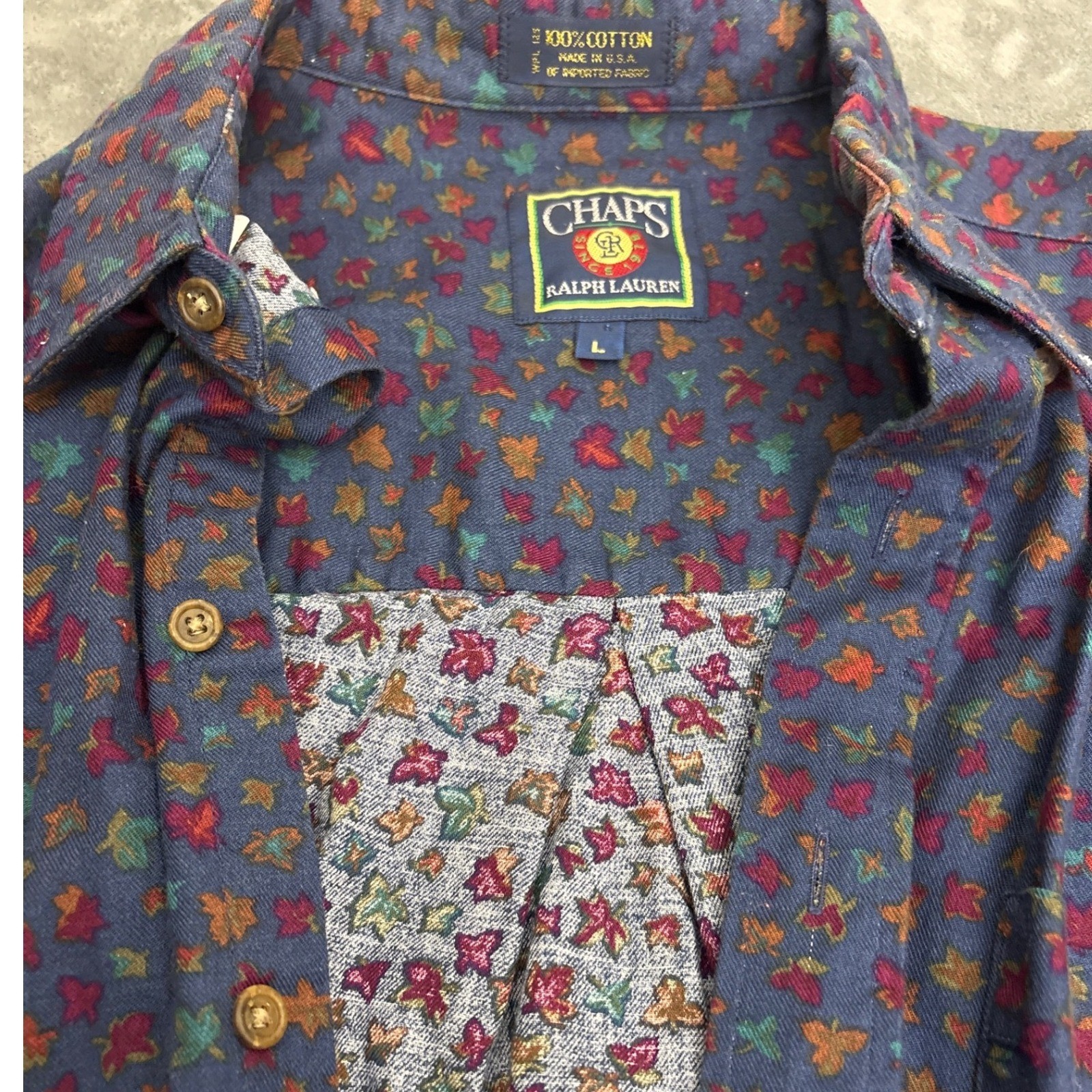 Vintage Chaps Ralph Lauren Leaf Print Cotton Button Down Shirt Mens Large USA Vintage Chaps Ralph Lauren Leaf Print Cotton Button Down Shirt Mens Large USA