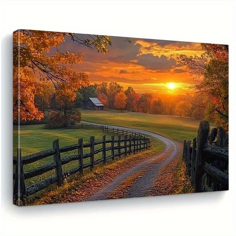 Farmhouse Autumn Sunset Country Road Barn Framed Canvas Home Wall Art Decor