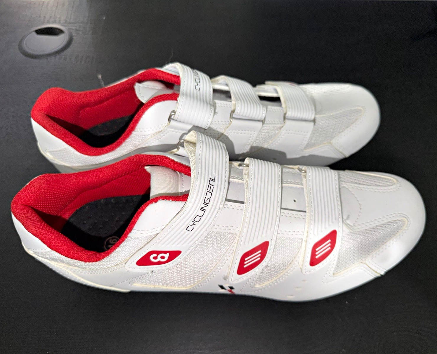 Cyclingdeal Road Cycling Shoes White/Red/Black Hook & Loop Straps 2-Bolt