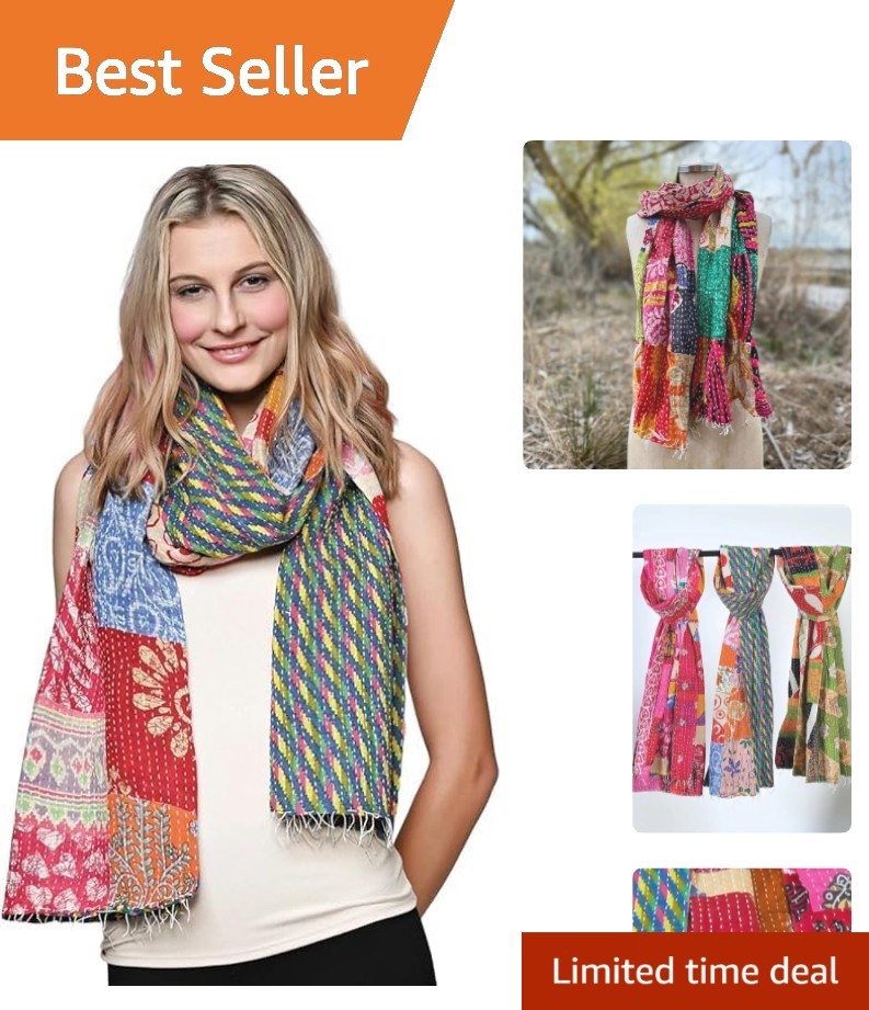 Artisanal Cotton Kantha Scarf - 72\'\' x 18\'\' Unique Vintage Reversible Wrap