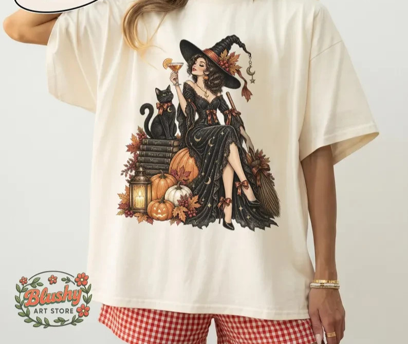 Vintage Witch Halloween Shirt, Black Cat Witch Tee, Gothic Fall Graphic Shirt