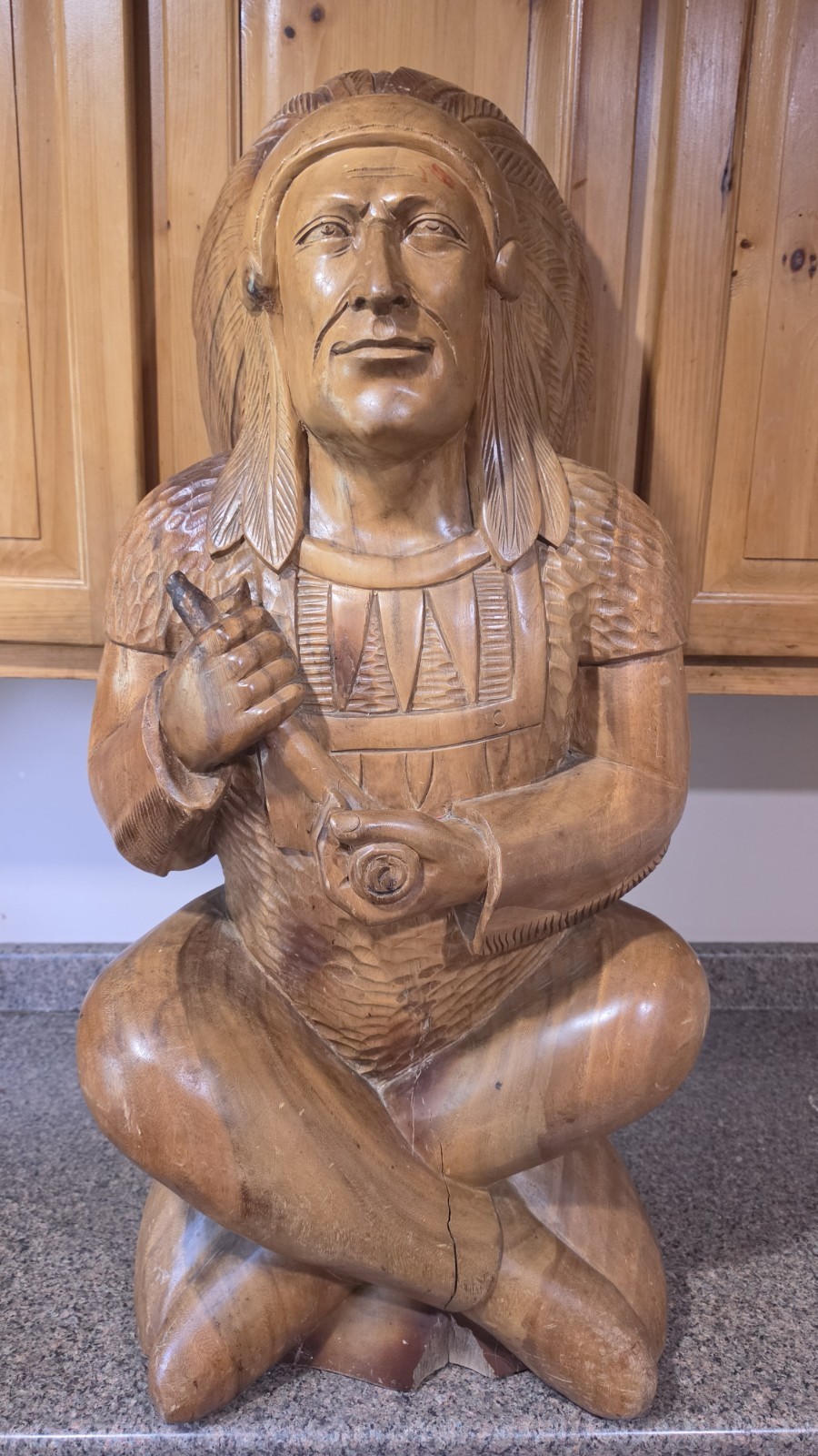 Vintage Wooden Cigar Store Indian Statue Carved Wood Chief Tobacco Peace Pipe
