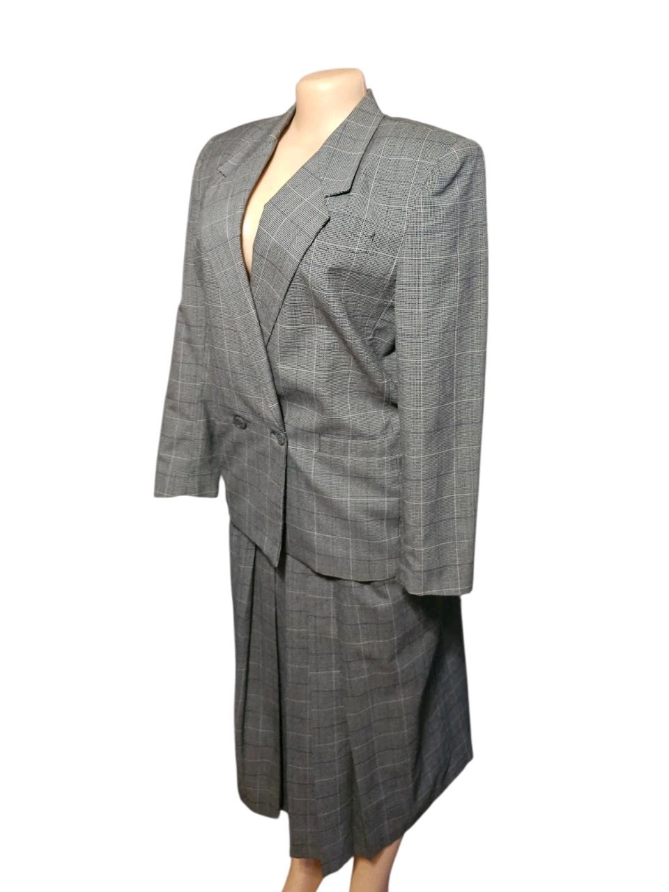VTG 80s Worthington 2 Piece Pleat Skirt Suit Windowpane Plaid  Women 12 Classic 