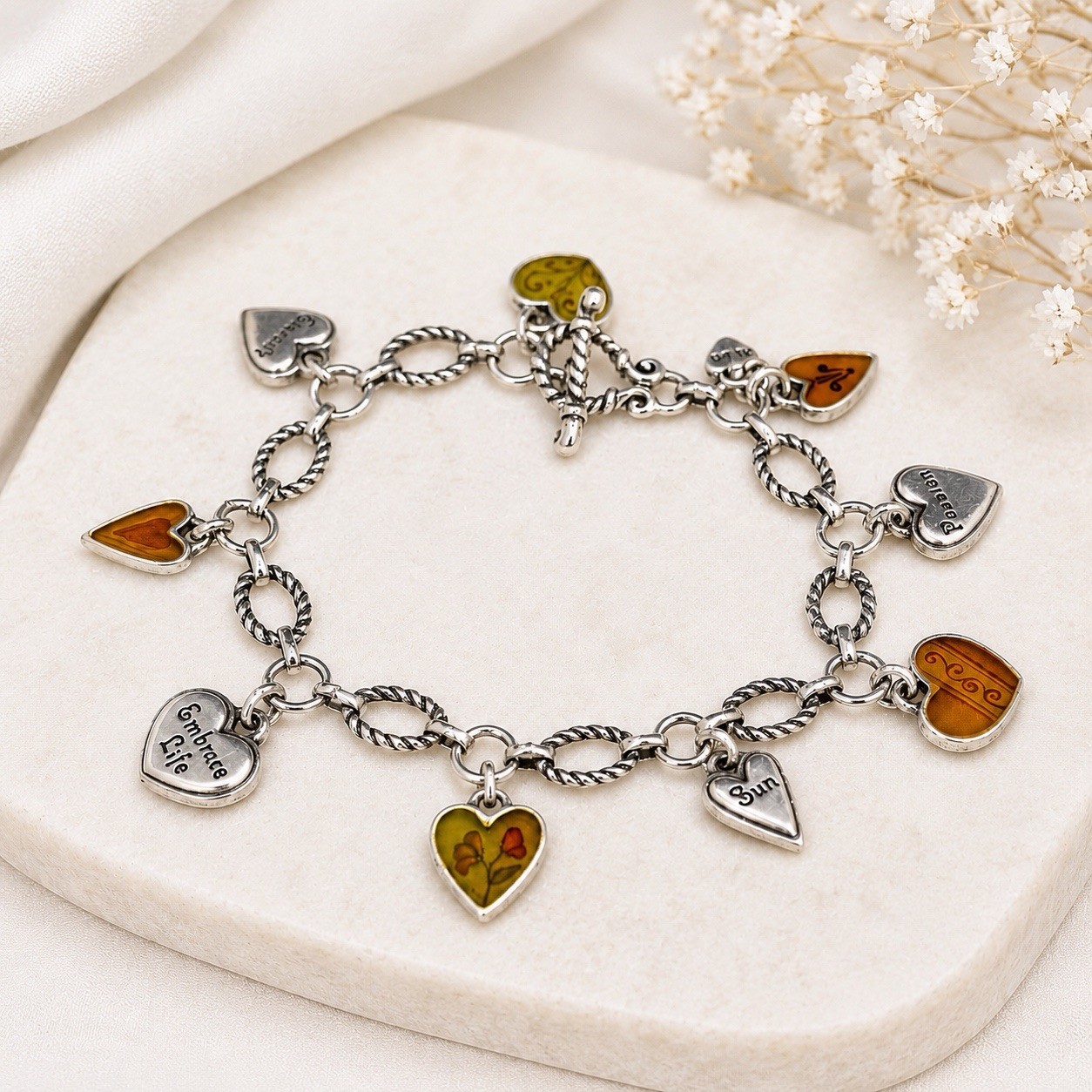 Brighton Piccadilly Charm Bracelet Silver Tone Enamel Hearts Toggle