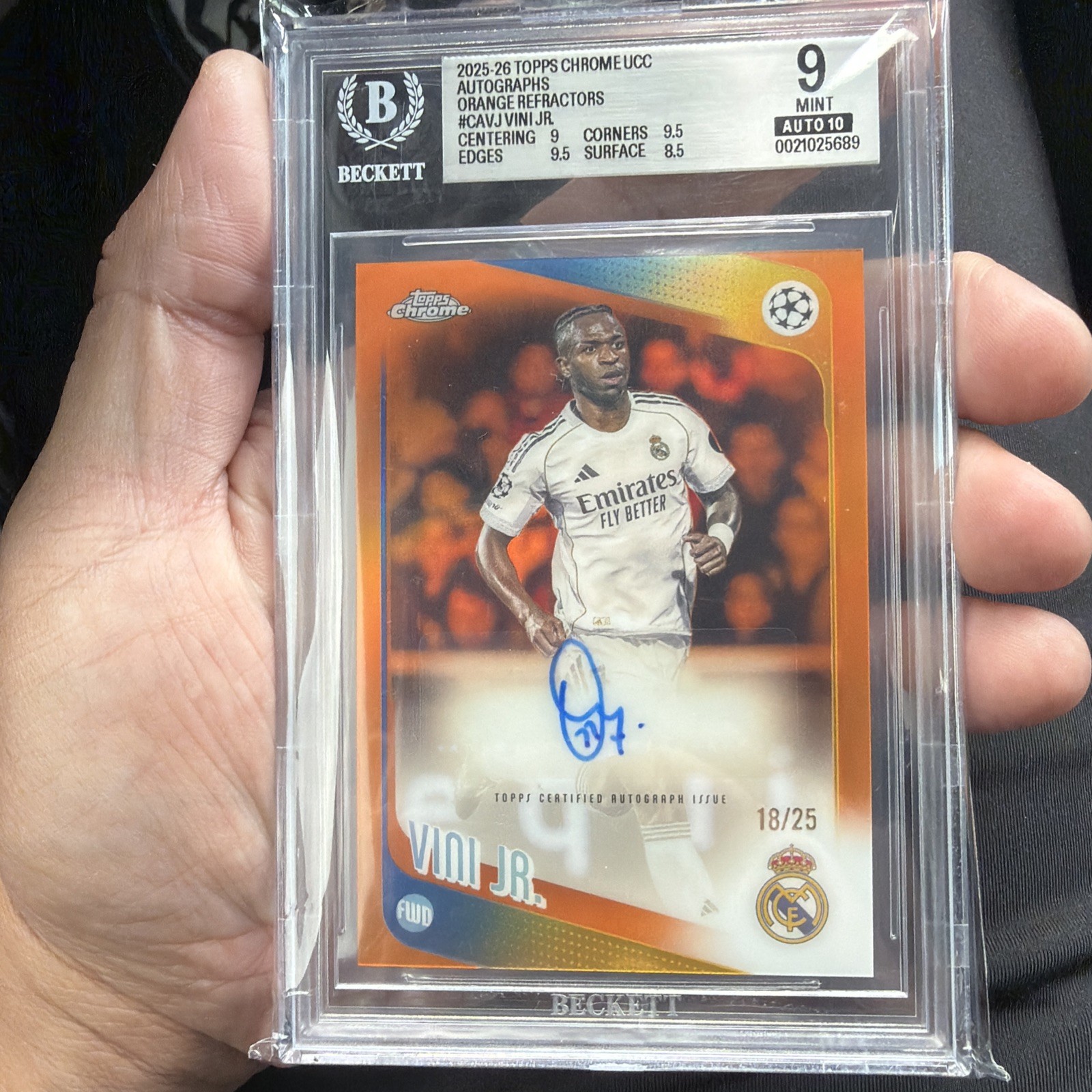 Vini Jr  2025-26 Topps Chrome UCC Auto Orange Lava /25 BGS 9/Auto 10