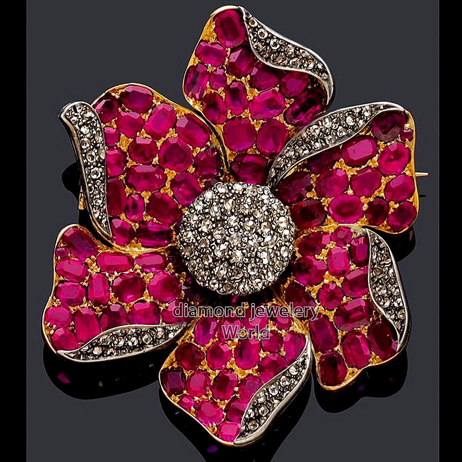 Stunning 2.99ctw Rose Cut Diamond Ruby Silver Victorian Flower Brooch Jewelry