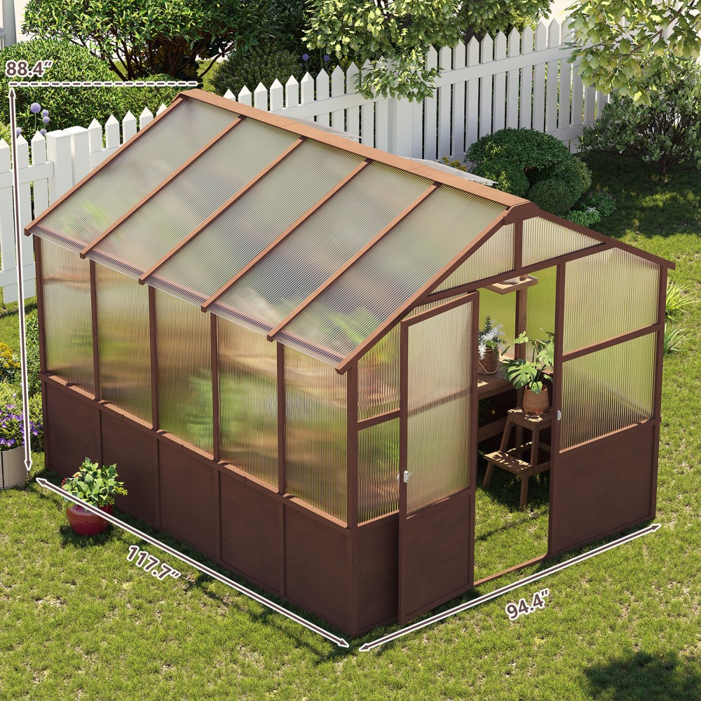 8x10 FT Walk-in Greenhouse Kit, Wood Frame with 6MM Polycarbonate Panels 8x10 FT Walk-in Greenhouse Kit, Wood Frame with 6MM Polycarbonate Panels