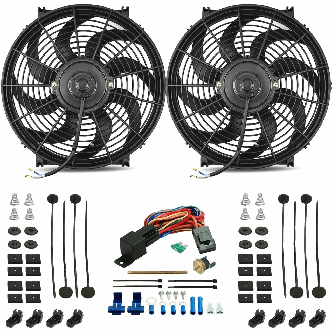 DUAL 14-15 INCH 130W ELECTRIC FAN RADIATOR PUSHIN PROBE 180F THERMOSTAT WIRE KIT DUAL 14-15 INCH 130W ELECTRIC FAN RADIATOR PUSHIN PROBE 180F THERMOSTAT WIRE KIT